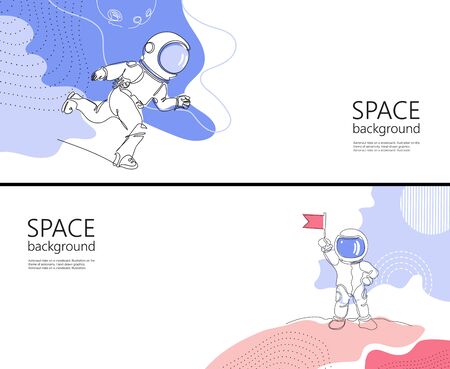 Set of horizontal space banners. One line drawing.のイラスト素材