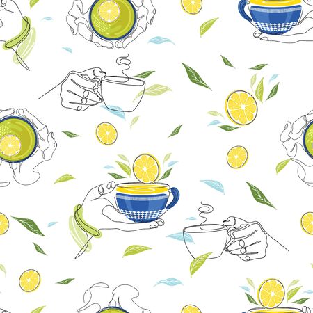 Seamless pattern. A cup of tea in the hand. Hand with a cup.のイラスト素材