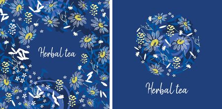 Tea card design. Tea with camomile. Blue background.White flowers.のイラスト素材