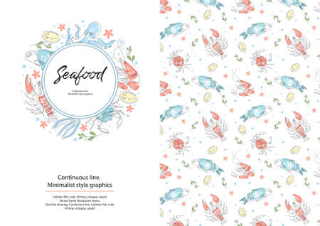 Lobster, fish, crab, shrimp, octopus, squid. Seafood. Restaurant menu. One line drawing. Continuous line Circular composition. Sample brochure Background for covers flyers bannersのイラスト素材