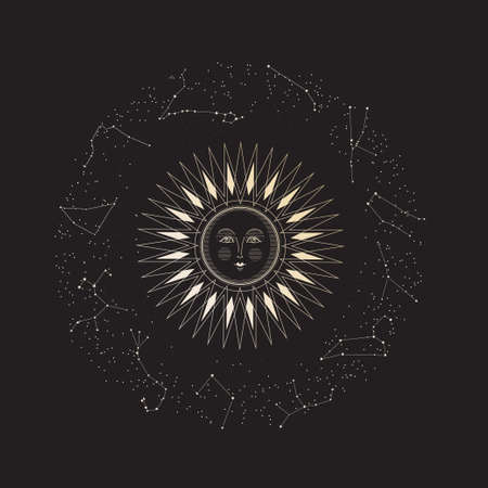 Sun and zodiac constellations. Vintage illustration. Astrological zodiac signs