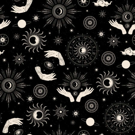 Seamless pattern. Black background. Magical hands. Zodiac circle.のイラスト素材