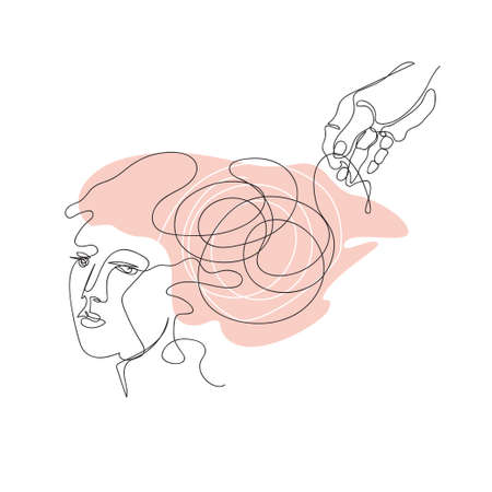 The hand unravels the tangled lines in the brain. Psychotherapy, psychology.のイラスト素材