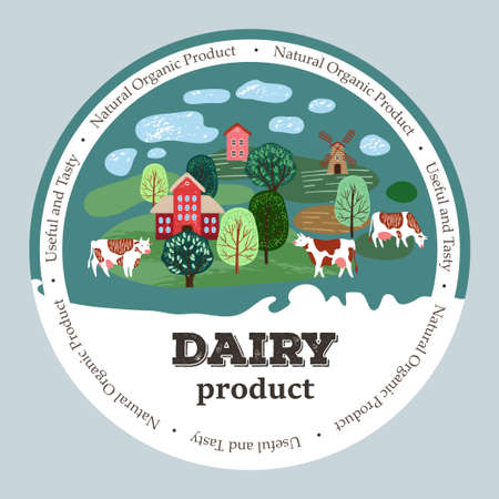 Round background for design of agricultural products. Cows in the pasture. Rural landscape. .のイラスト素材
