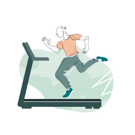 A man runs on a treadmill. Fitness. The drawing is drawn with one line.のイラスト素材