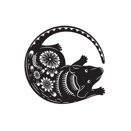 Chinese zodiac symbol of the year of the rat. Black rat with white ornament. The symbol of the eastern horoscope.のイラスト素材