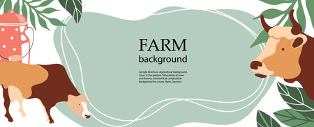 Horizontal agricultural background. Cows and milk can. Cow silhouette made of multi-colored segments.のイラスト素材