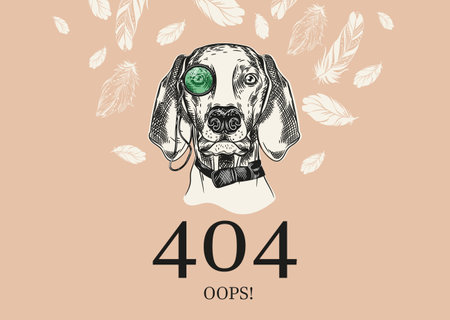 Page 404. Link to non-existent page. Dogs with a monocle and flying feathers.