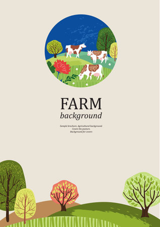 Sample brochure. Agricultural background. Cows in the pasture. Silhouettes of cows and trees.のイラスト素材