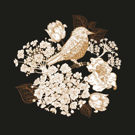 A bouquet of flowers on a black background. Floristics. Vintage graphics.のイラスト素材