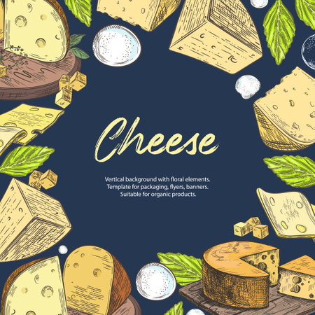 Set of different images of cheese. Pieces of cheese. Vintage graphics.のイラスト素材