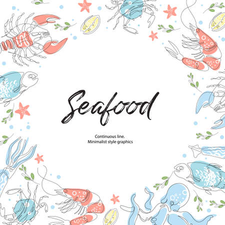 Lobster, fish, crab, shrimp, octopus, squid. Seafood. Vectorg frame. Restaurant menu.のイラスト素材