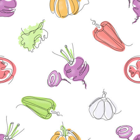 Seamless pattern with the image of vegetables. Single line drawing.のイラスト素材