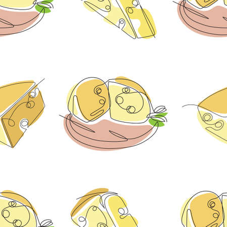 Seamless pattern with different varieties of cheese. One line drawing. Continuous line.のイラスト素材