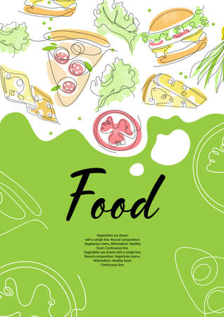 Pizza, cheese, burgers and vegetablesare drawn with a single line. Continuous line.のイラスト素材