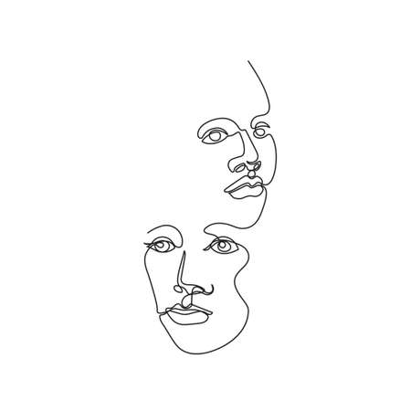Two female faces are drawn with one line. Continuous line. Vector illustration in a minimalistic style.のイラスト素材