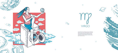 Virgo zodiac sign. The girl is sitting on the washing machine. Astrology. Graphics.のイラスト素材