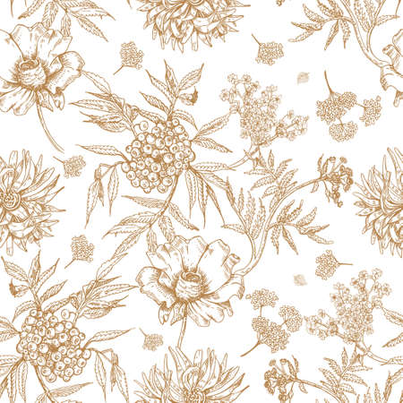 Seamless pattern with flowers and berries. White vintage background.の写真素材