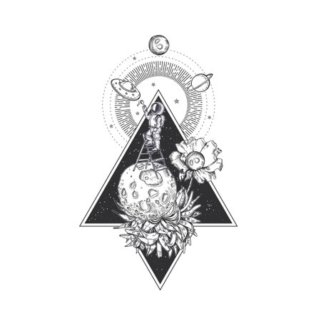 Planets, flower and astronaut. Space illustration. Surrealism.のイラスト素材