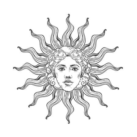 Vector image of the sun in the style of engraving.のイラスト素材