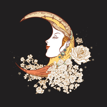 Face of the month and flowers. Space illustration.のイラスト素材