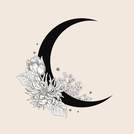Black crescent and white flowers. Space illustration. Vintage illustration.のイラスト素材