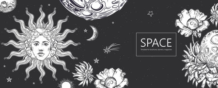 Space background. Sun face, crescent moon, planets and flowers.のイラスト素材