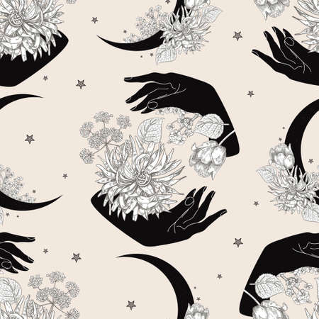 Black hands and white flowers. Seamless pattern.のイラスト素材