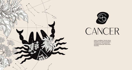 Zodiac sign Cancer. Black silhouette of a lion with white flowers. Horizontal backgroundのイラスト素材