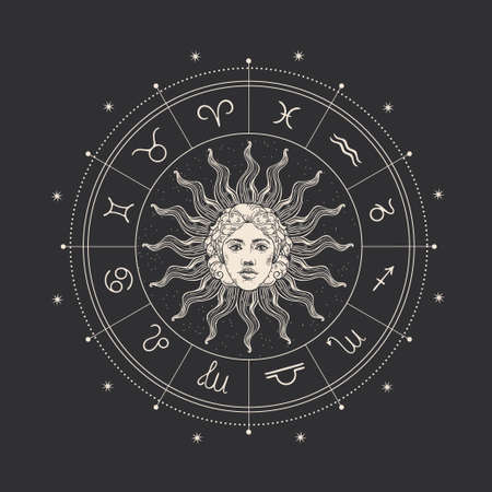Magic drawing with the face of the sun, stars and the zodiac circle. Zodiac signs.のイラスト素材