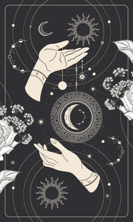 Magic drawing of the sun with a face. Tarot card, astrological illustration.のイラスト素材