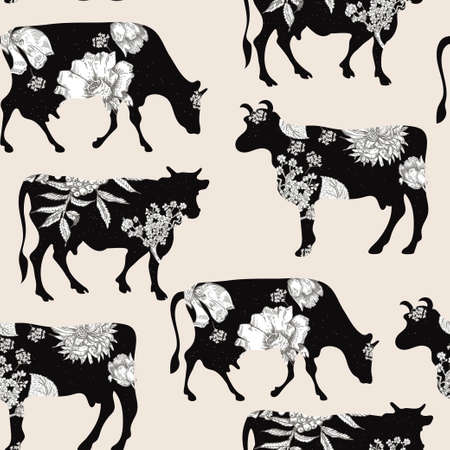 Black silhouette of a cow with white flowers. Vector illustration. Farm animal. Agriculture.の写真素材