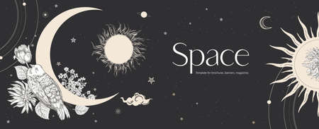 Black magic banner for astrology, fortune telling, horoscopes. Space background.
