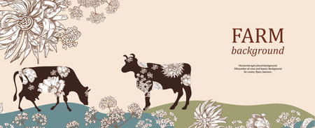 Horizontal agricultural background. Silhouettes of cows and flowers.のイラスト素材
