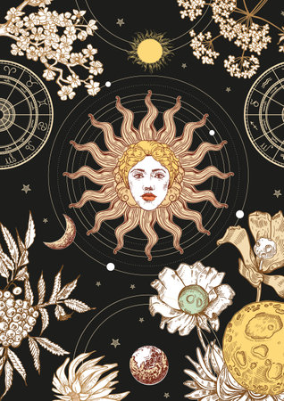Space background. Sample for poster, flyer, tarot cards. The face of the sun, planets, flowers.のイラスト素材