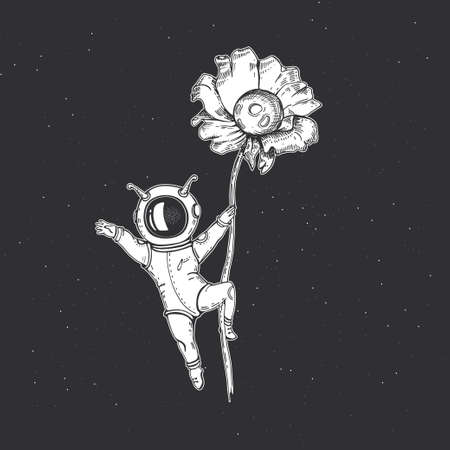 Astronaut, flower and planet. Space illustration. Gymnastics.のイラスト素材