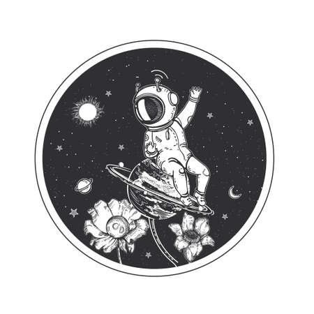 Astronaut, flower and planet. Pixie in space. Space Print.のイラスト素材