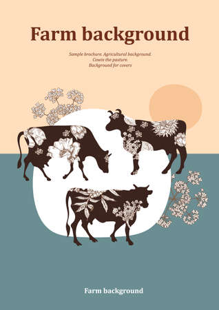 Sample brochure. Agricultural background. Brown silhouette of a cow and white flowers.のイラスト素材