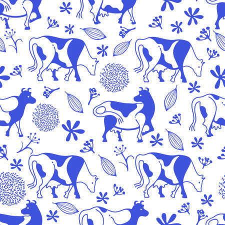 Cows and floral elements. Seamless pattern with cows. Blue cows.のイラスト素材