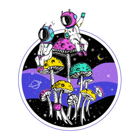 Mushrooms are like planets. Space illustration. Tattoo sketch.のイラスト素材