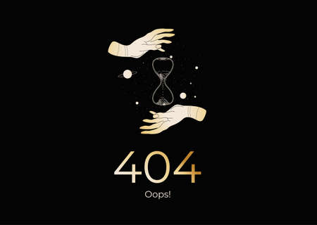 Page 404. Link to non-existent page. Magic hands with an hourglass.