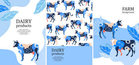 Sample brochure. Agricultural background. Silhouettes of cows and leaves.のイラスト素材