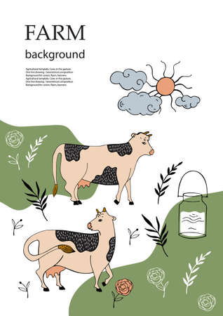 Cows in the pasture. Sample brochure. Agricultural background.のイラスト素材