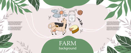 Horizontal agricultural background. Cows, milk can, sun, clouds and flowers.のイラスト素材