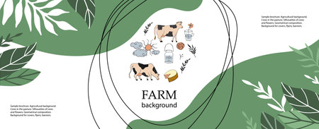 Horizontal agricultural background. Cows, milk can, sun, clouds and flowers.のイラスト素材