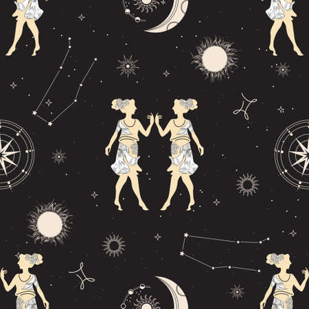 The zodiac constellation Gemini. Seamless pattern. The symbol of the astrological horoscope.のイラスト素材