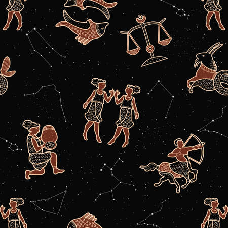Seamless pattern with zodiac signs. Vector illustration. Starry sky. Zodiac constellations.