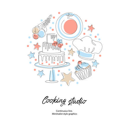 Culinary products and cooking utensils. Cupcakes, plates, spoons, cook hat.のイラスト素材