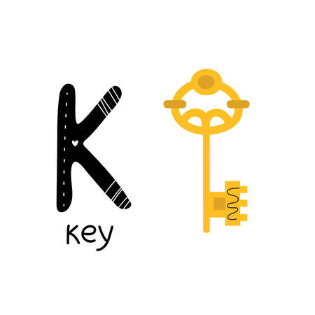Childrens font. Letter K. Cute cartoon key. Vector illustration.のイラスト素材