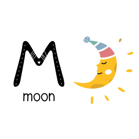 Childrens font. Letter M. Cute cartoon moon. Vector illustration.のイラスト素材